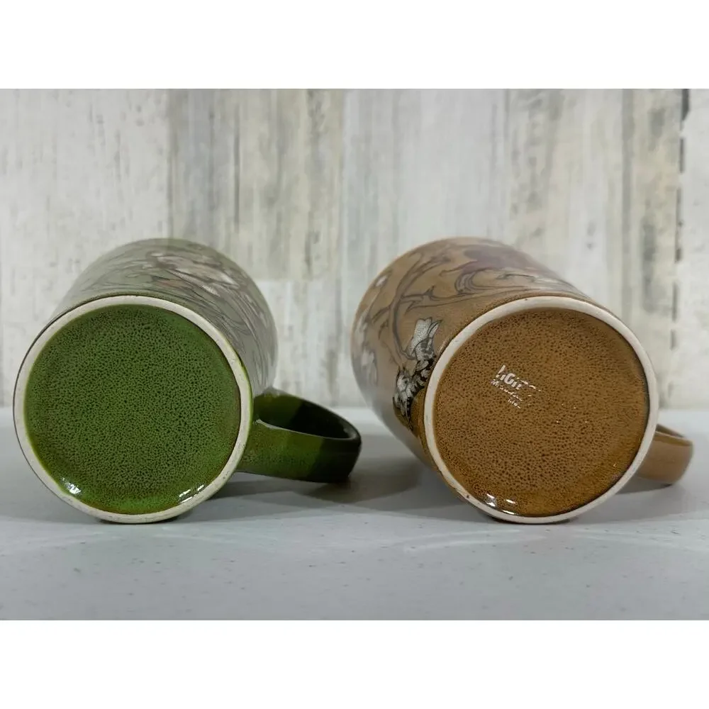 Floral Coffee Mugs Set of 2 Ceramic Earth Tones‎ MCM Gold Green